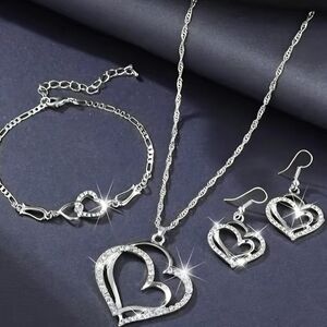 Elegant Silver Heart Necklace/Bracelet/Earring Matching Set